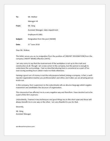 resignation letter due to verbal abuse  word  excel templates