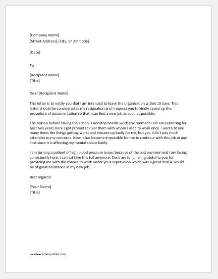 Resignation letter due to bad work environment
