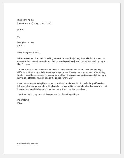 Immediate Resignation Letter Template from www.wordexceltemplates.com