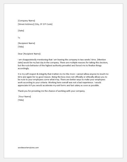Resignation Letter Due To Rude Boss Word Excel Templates