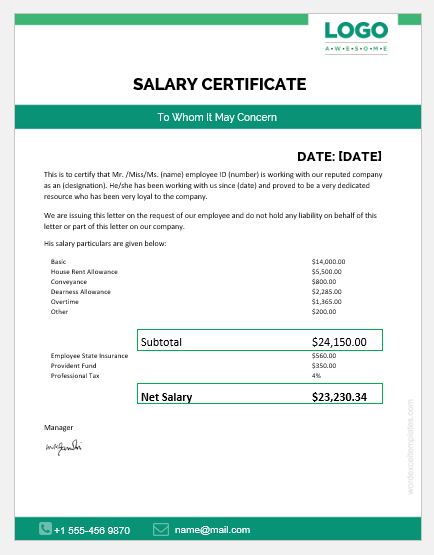 20 Salary Certificate Templates For Ms Word Word And Excel Templates