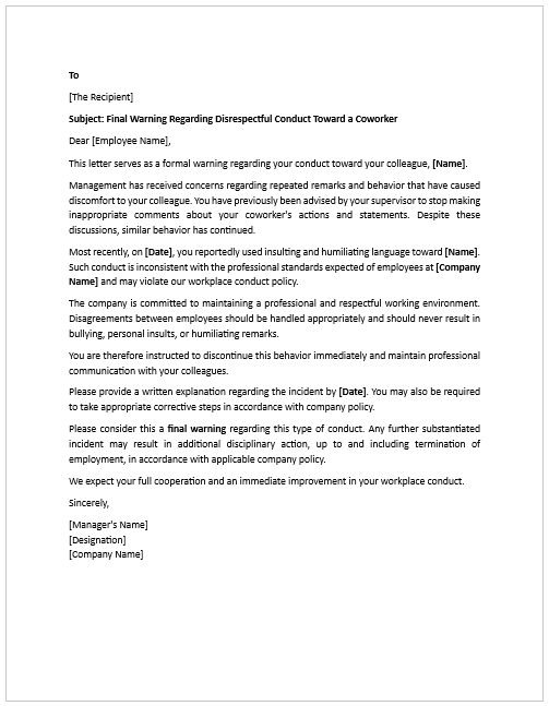 Warning Letter for Using Humiliating or Disrespectful Language at Work