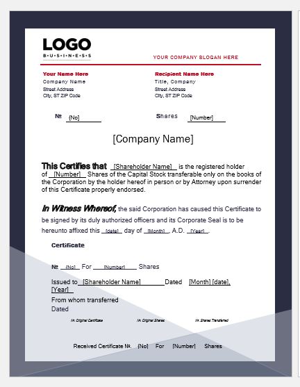 Business Share Certificate