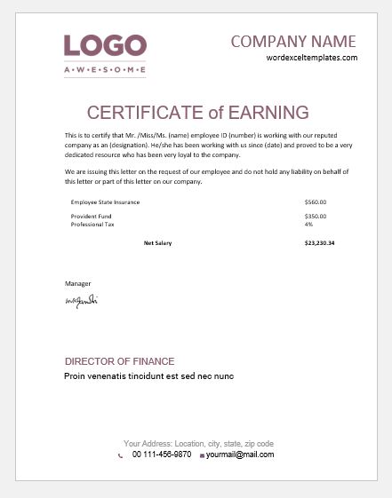 Certificate of earning template