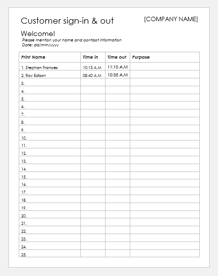 Customer sign in sheet