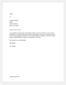 excuse letter for missing work from doctor Excuse Letter for absence due to car trouble or transportation issues