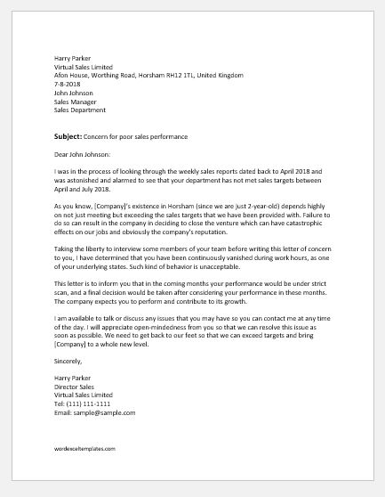 Letter of concern for poor sales performance