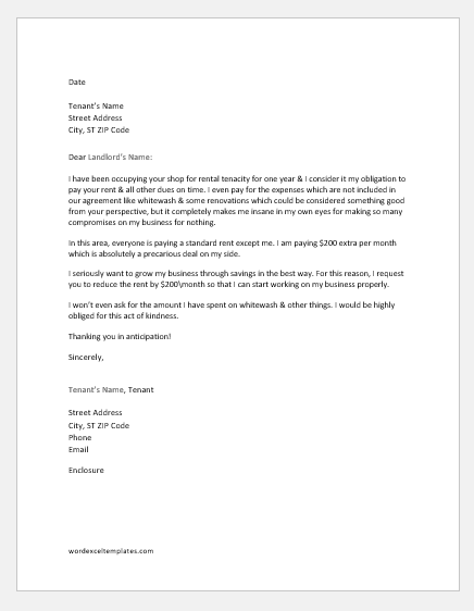 Letter to Landlord to Reduce Rent for Business