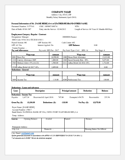 Salary Slip Sample Format