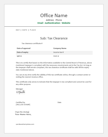 Tax clearance certificate template