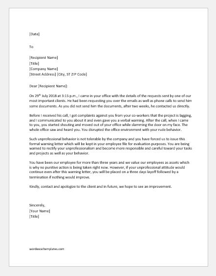 Unprofessional behavior warning letter