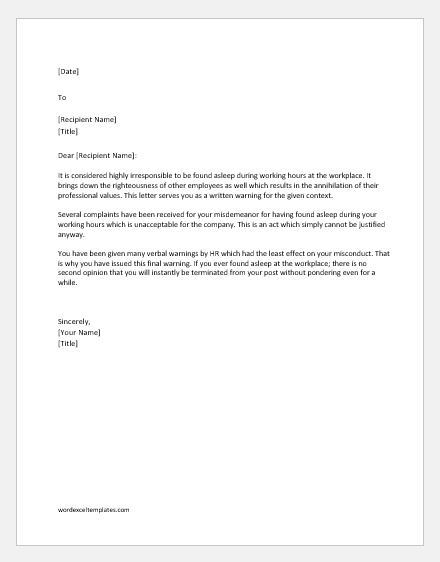 Miscellaneous Letters For Sleeping On Duty Copy Sample