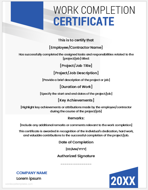 Work completion certificate template