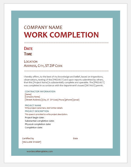 Work completion certificate