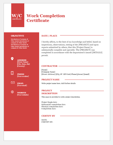 Work completion certificate