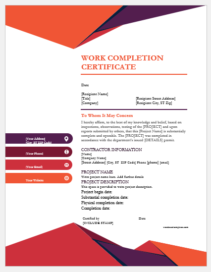 Work completion certificate