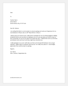 Apology Letter to Teacher for Rude Behavior in Class