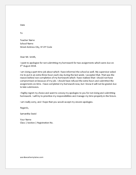 Sample apology Letter to Teacher for not Doing Homework