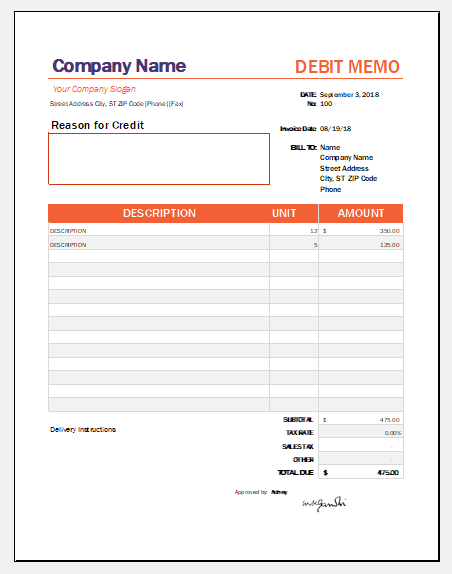 Debit memo template