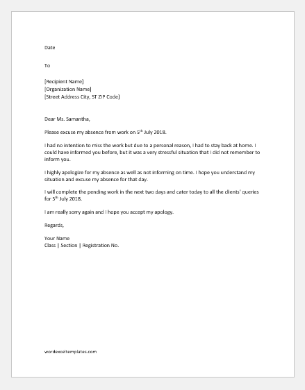 Excuse Letter For Being Absent In Work from www.wordexceltemplates.com