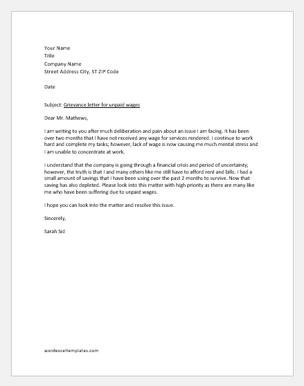 Grievance Letter To Employer Sample from www.wordexceltemplates.com