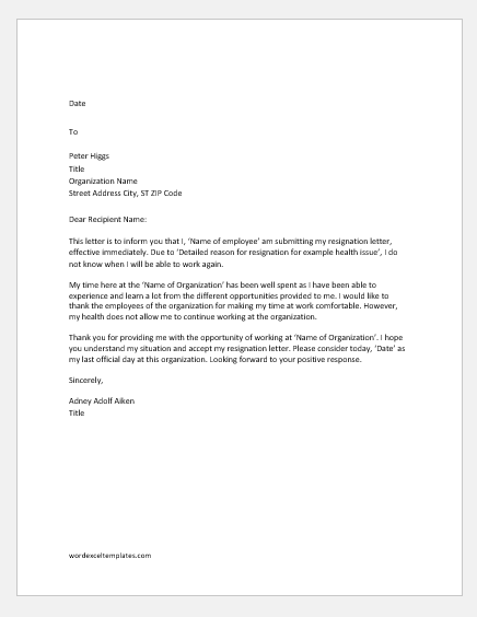 Resignation Letter For Health Reasons from www.wordexceltemplates.com