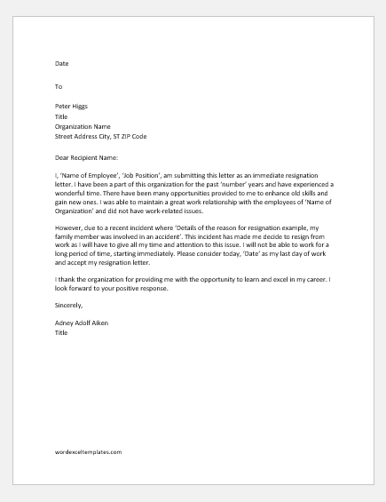 Immediate Resignation Letter Template from www.wordexceltemplates.com