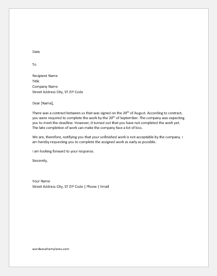 Sample Letter To Contractor For Unfinished Work from www.wordexceltemplates.com