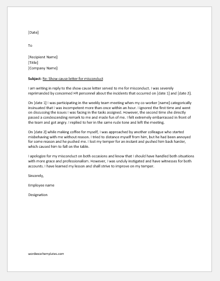 Reply to show cause letter for misconduct