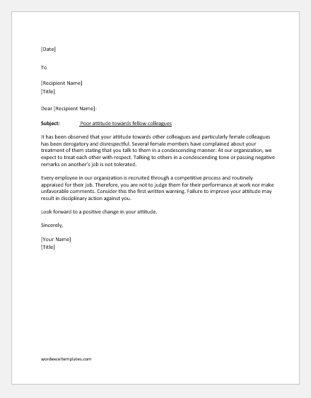 Employee Bad Attitude Warning Letter from www.wordexceltemplates.com
