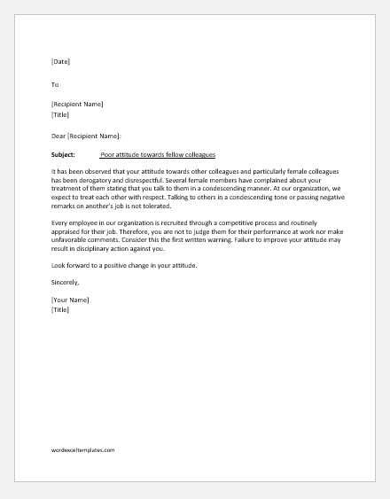 Sample Warning Letter To Employee For Disrespectful Collection - Letter ...