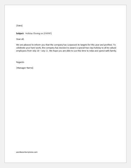 Holiday Closing Announcement For Various Occasions Word Excel Templates