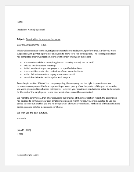 Termination letter for poor performance