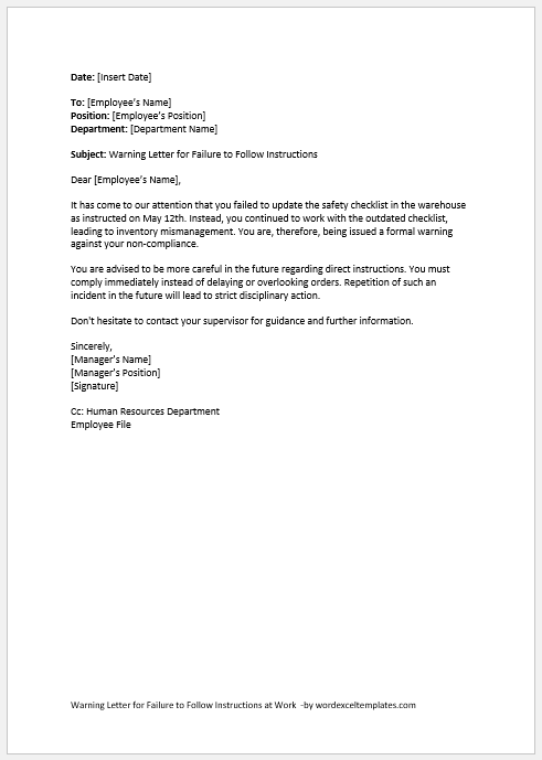 Warning Letter for Failure to Follow Instructions at Work