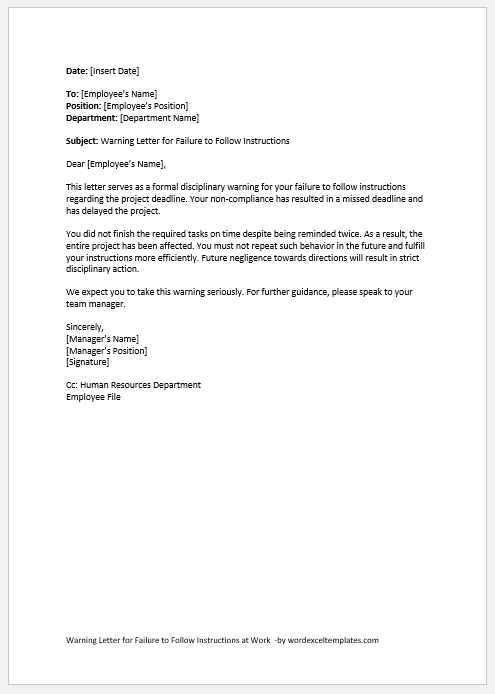 Warning Letter for Failure to Follow Instructions at Work