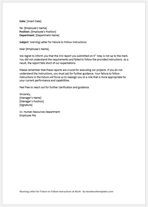 Warning Letter for Failure to Follow Instructions at Work