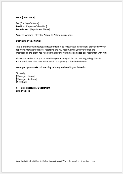 Warning Letter for Failure to Follow Instructions at Work