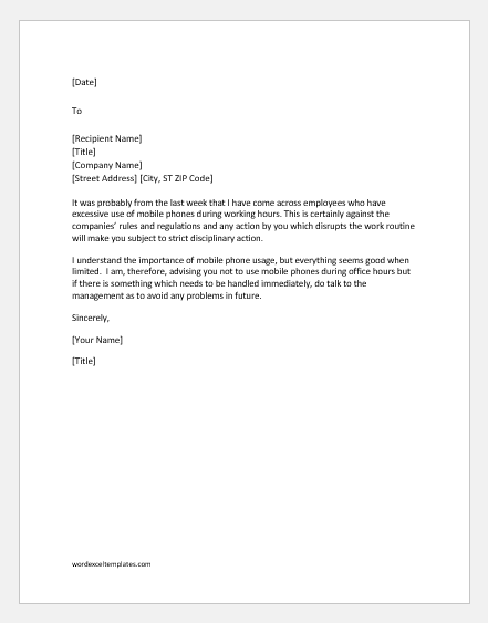 Advice letter on using the mobile phone at work