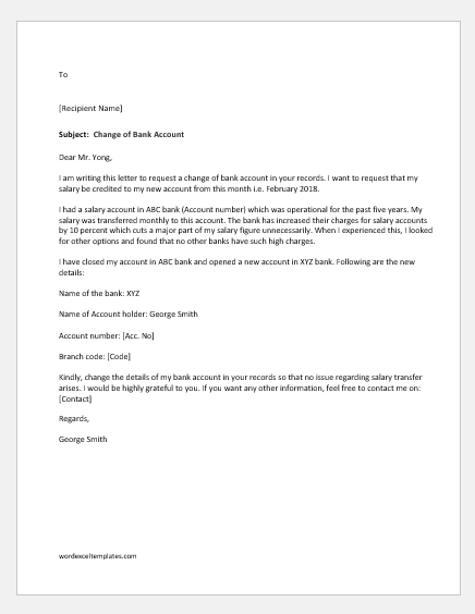 Change Of Bank Account Letter To Manager Word Excel Templates