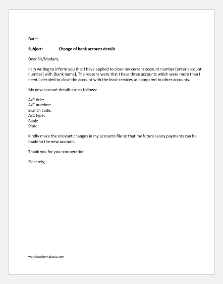 Change of Bank Account Letter to Manager | Word & Excel Templates