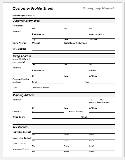 Customer profile sheet template