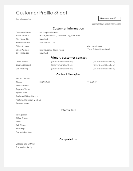 Customer profile sheet template