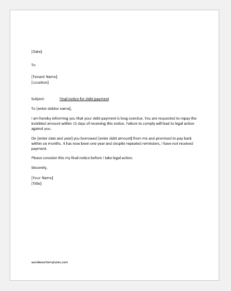 Final Notice Letter Before Legal Action from www.wordexceltemplates.com
