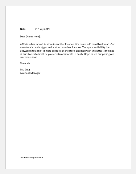 Letter announcing change in business address