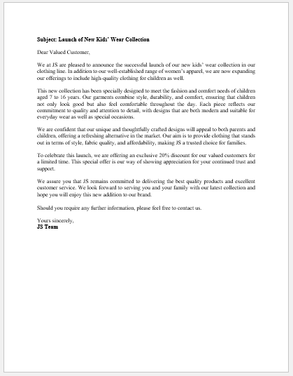 Letter introducing a product or service