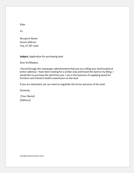 Sample Letter To Purchase Land from www.wordexceltemplates.com