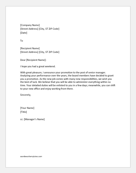 Letter to grant promotion to an employee