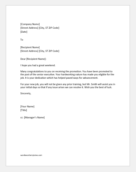 Sample Congratulations Letter For Promotion from www.wordexceltemplates.com