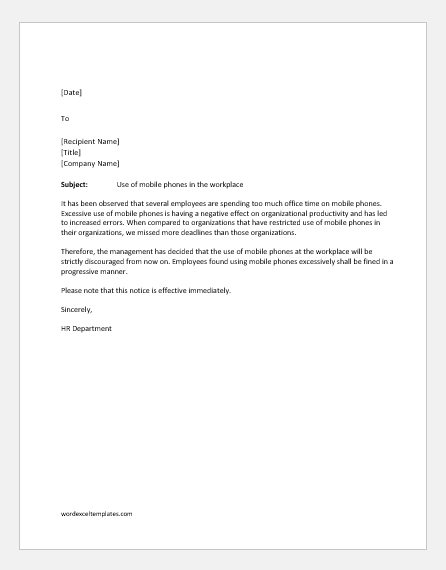 Notice for mobile phones not allowed in workplace