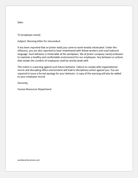 Warning letter to employee for misconduct 